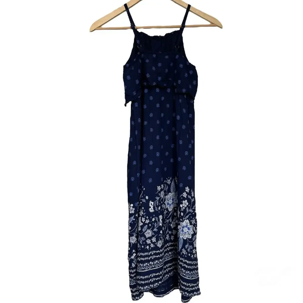 Girls M 8 Old Navy Scalloped Blue White Floral Maxi Summer Sundress Dress
